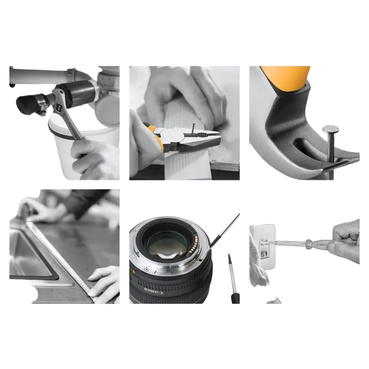 Black canon camera lens with silver metallic ring and textured grip displayed alongside 20 piece household tool set with storage case