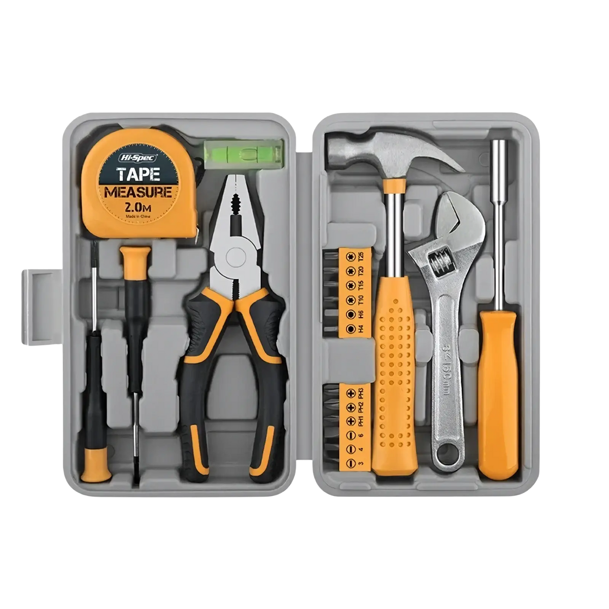Orange and black handled pliers with a metallic jaw included in a 20 piece household tool set with storage case
