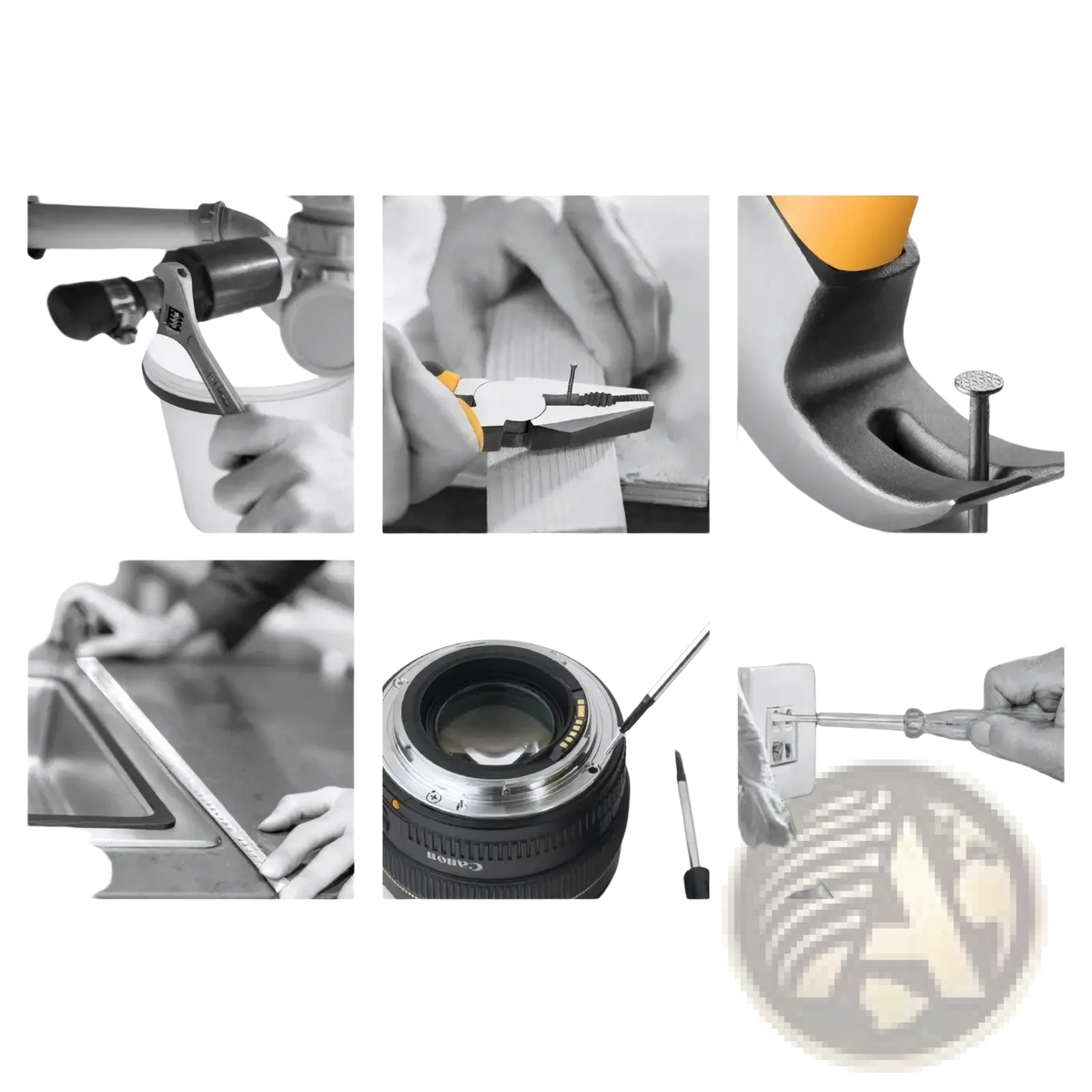 Black canon camera lens with silver metallic ring and textured grip displayed alongside 20 piece household tool set with storage case