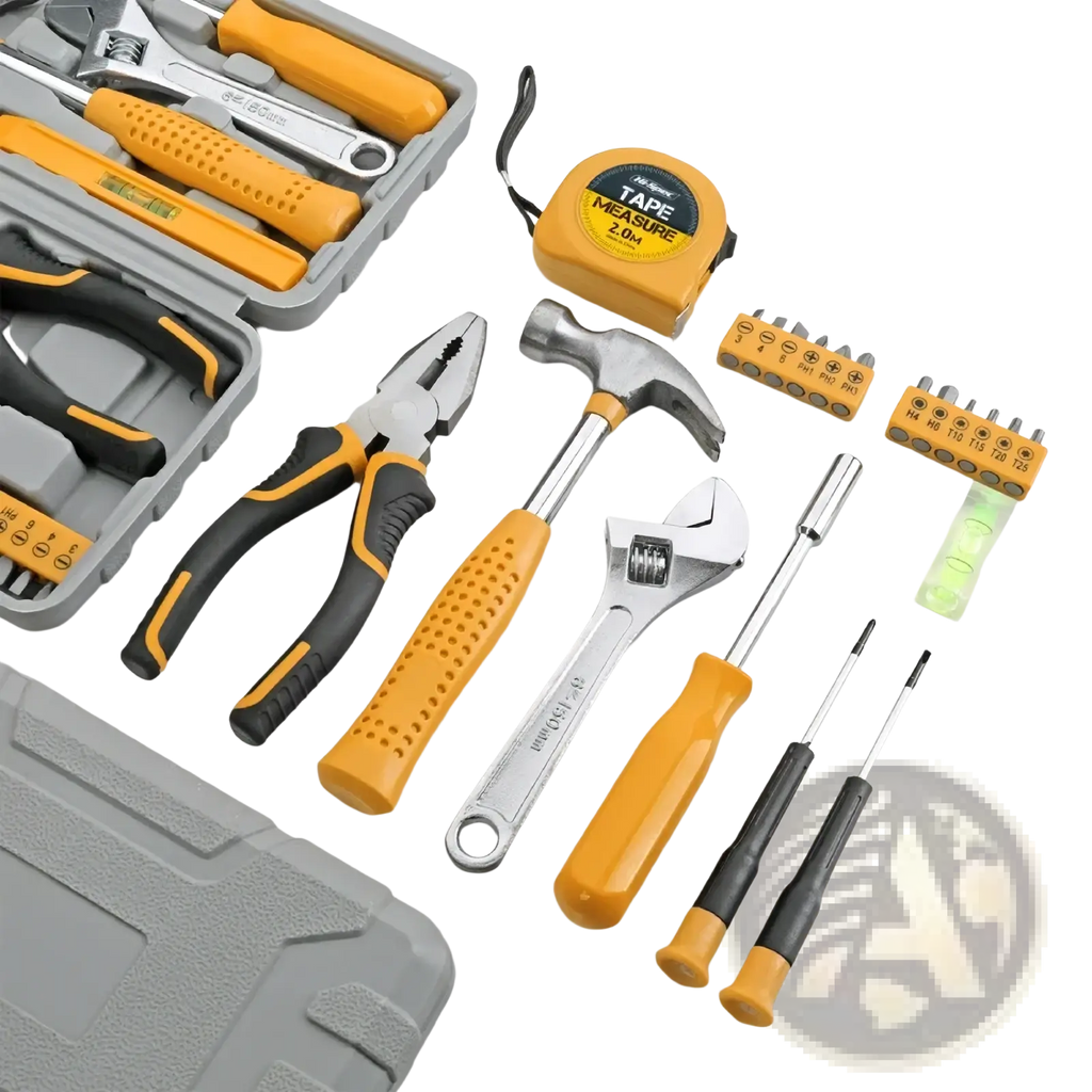 Adjustable wrench with yellow and black handle and silver metal head from 20 piece household tool set with storage case