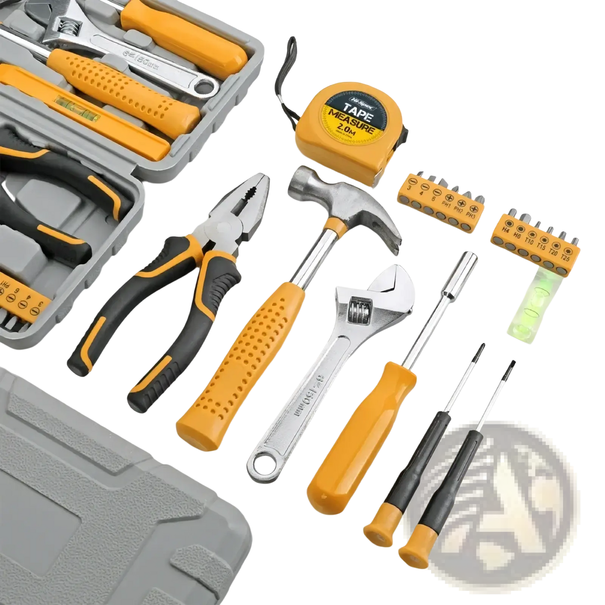 Adjustable wrench with yellow and black handle and silver metal head from 20 piece household tool set with storage case