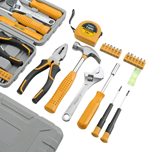 Adjustable wrench with yellow and black handle and silver metal head from 20 piece household tool set with storage case