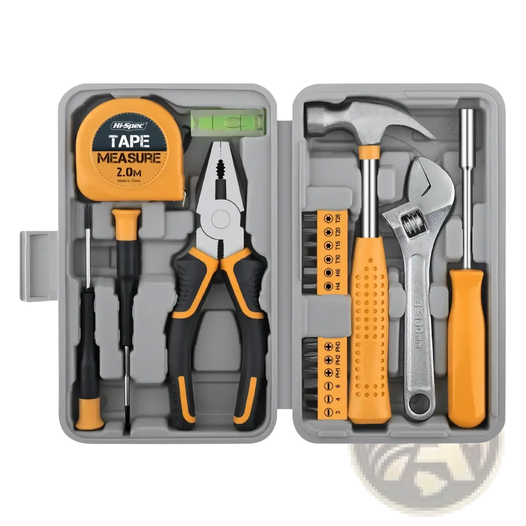 Yellow and black handled pliers with metallic jaws neatly organized in gray storage case of 20 piece household tool set