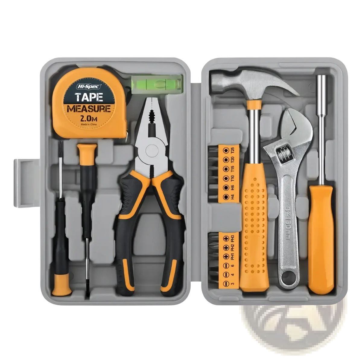 Yellow and black handled pliers with metallic jaws neatly organized in gray storage case of 20 piece household tool set
