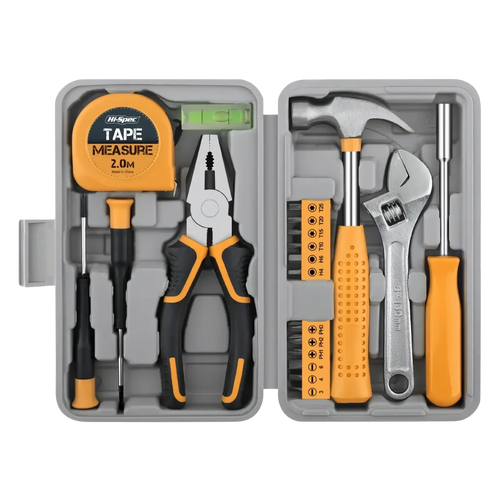 Yellow and black handled pliers with metallic jaws neatly organized in gray storage case of 20 piece household tool set