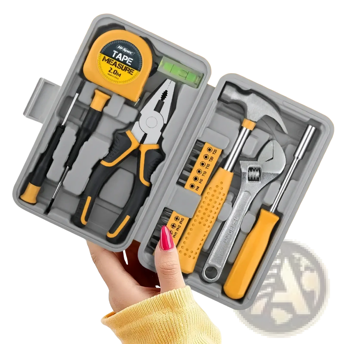 Yellow and black plastic-handled 20 piece household tool set with 2.0m tape measure in gray storage case