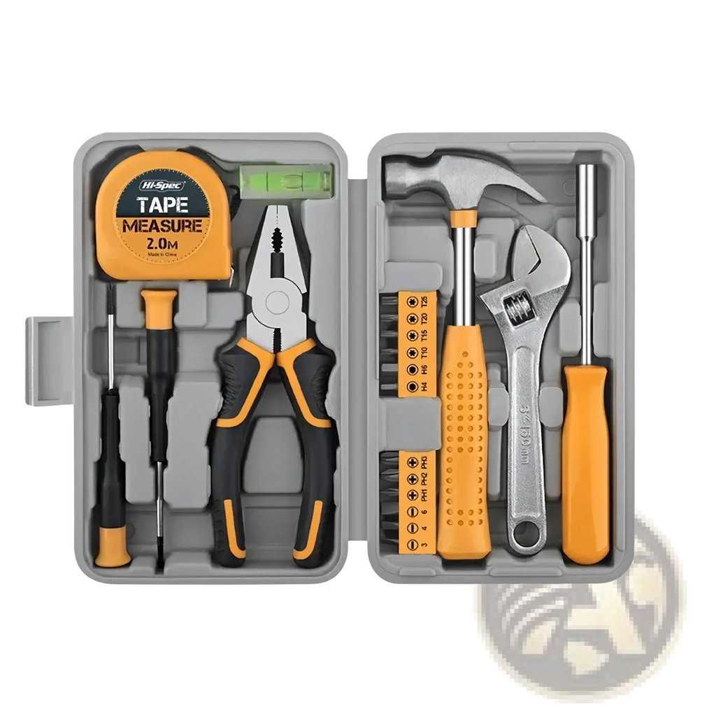 Orange and black handled pliers with a metallic jaw included in a 20 piece household tool set with storage case