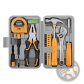Orange and black handled pliers with a metallic jaw included in a 20 piece household tool set with storage case