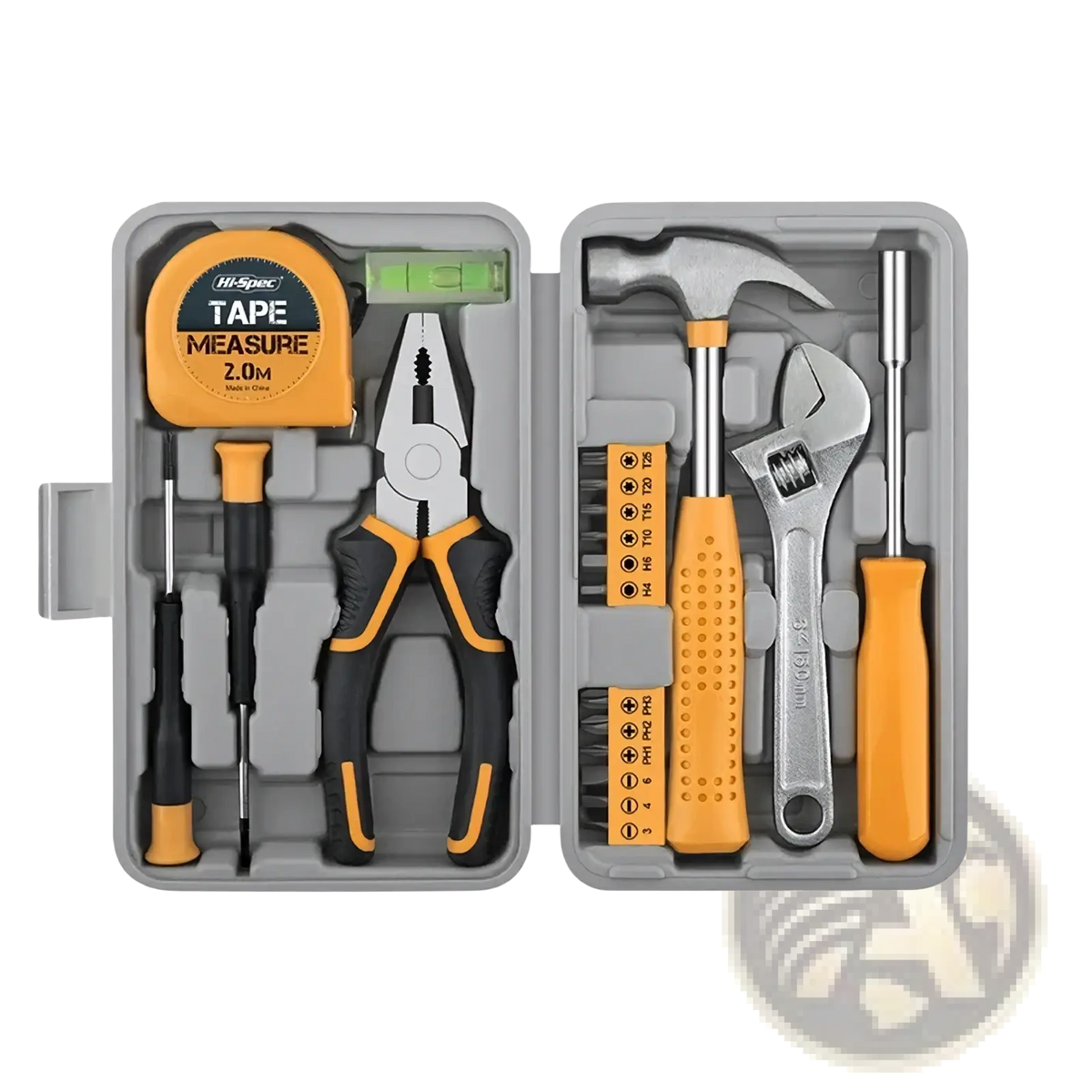 Orange and black handled pliers with a metallic jaw included in a 20 piece household tool set with storage case