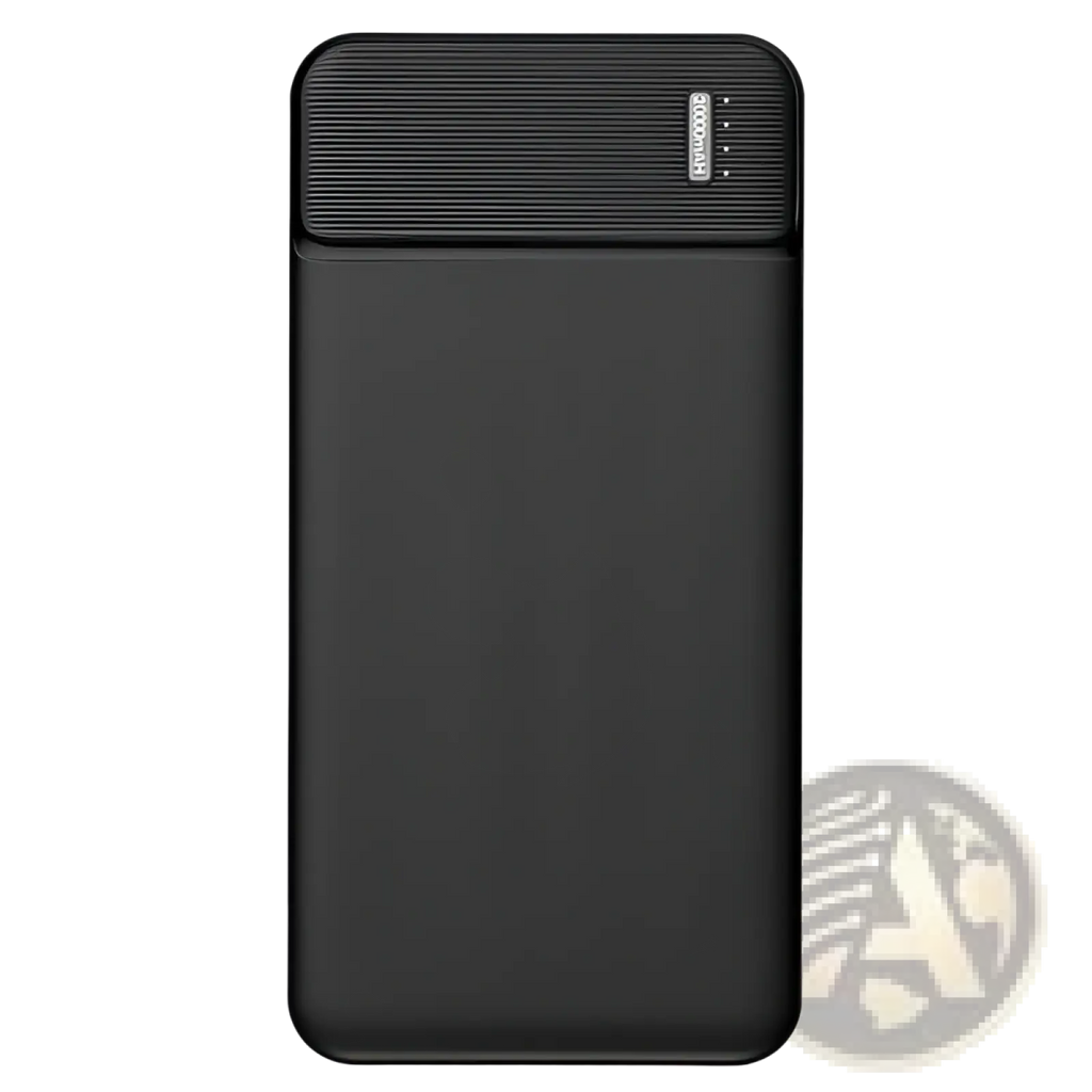 Black rectangular 20000mAh fast charging power bank with textured top panel and LED indicator lights and dual USB ports