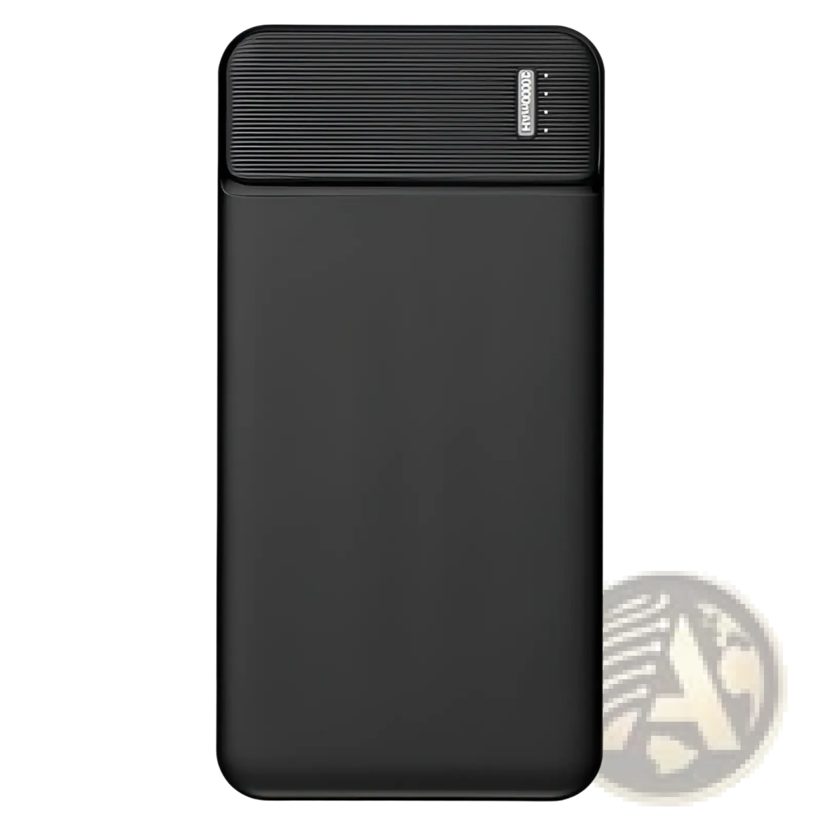 Black rectangular 20000mAh fast charging power bank with textured top panel and LED indicator lights and dual USB ports