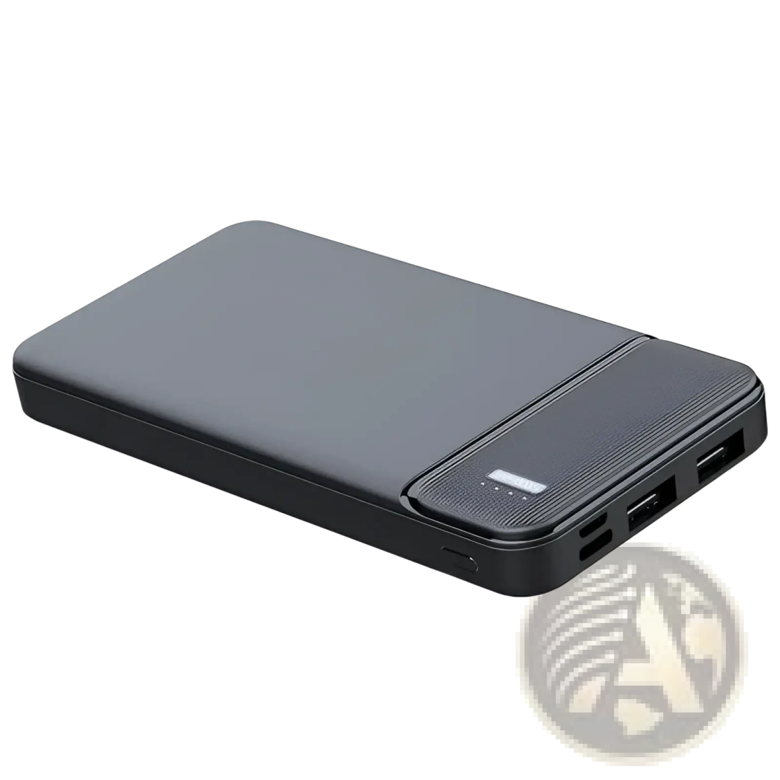 Black rectangular 20000mah fast charging power bank with dual usb ports textured panel and led indicator on back side