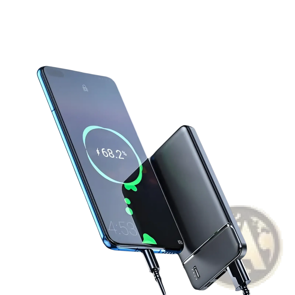 Black rectangular 20000mAh fast charging power bank with textured surface and dual USB ports for efficient charging