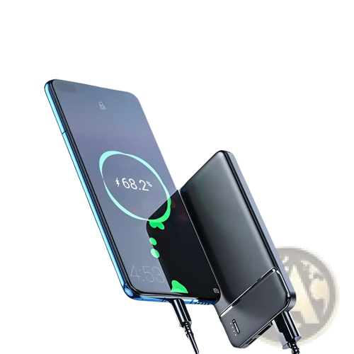 Black rectangular 20000mAh fast charging power bank with textured surface and dual USB ports for efficient charging