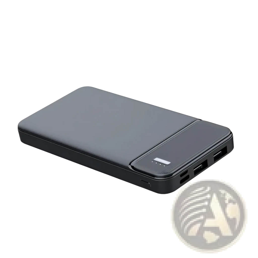 Black slim 20000mah fast charging portable power bank with textured surface and dual usb ports for multiple devices