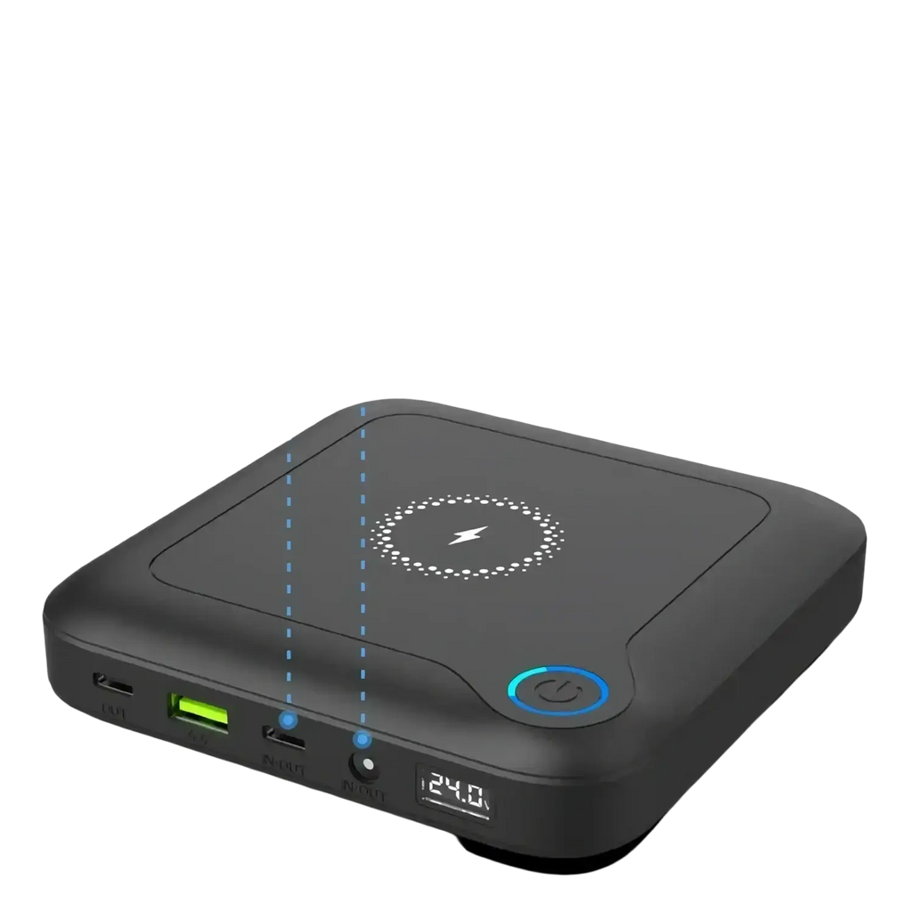 Black 20000mah laptop power bank with wireless charging pad circular led indicator and multiple usb ports back side width 750px height