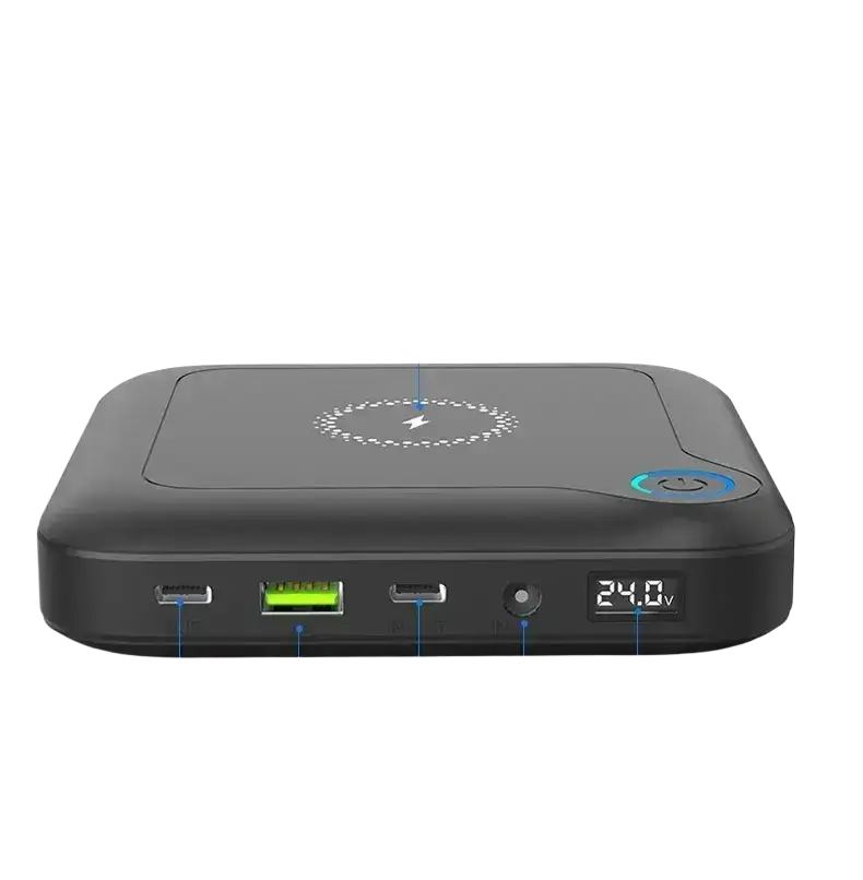 Black 20000mah laptop power bank with wireless charging matte finish and usb-a and usb-c ports width 750px height