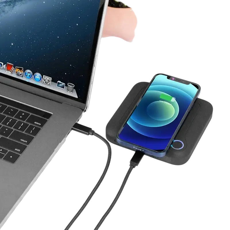 Black 20000mah laptop power bank with wireless charging and circular blue indicator light width 750px height 750px