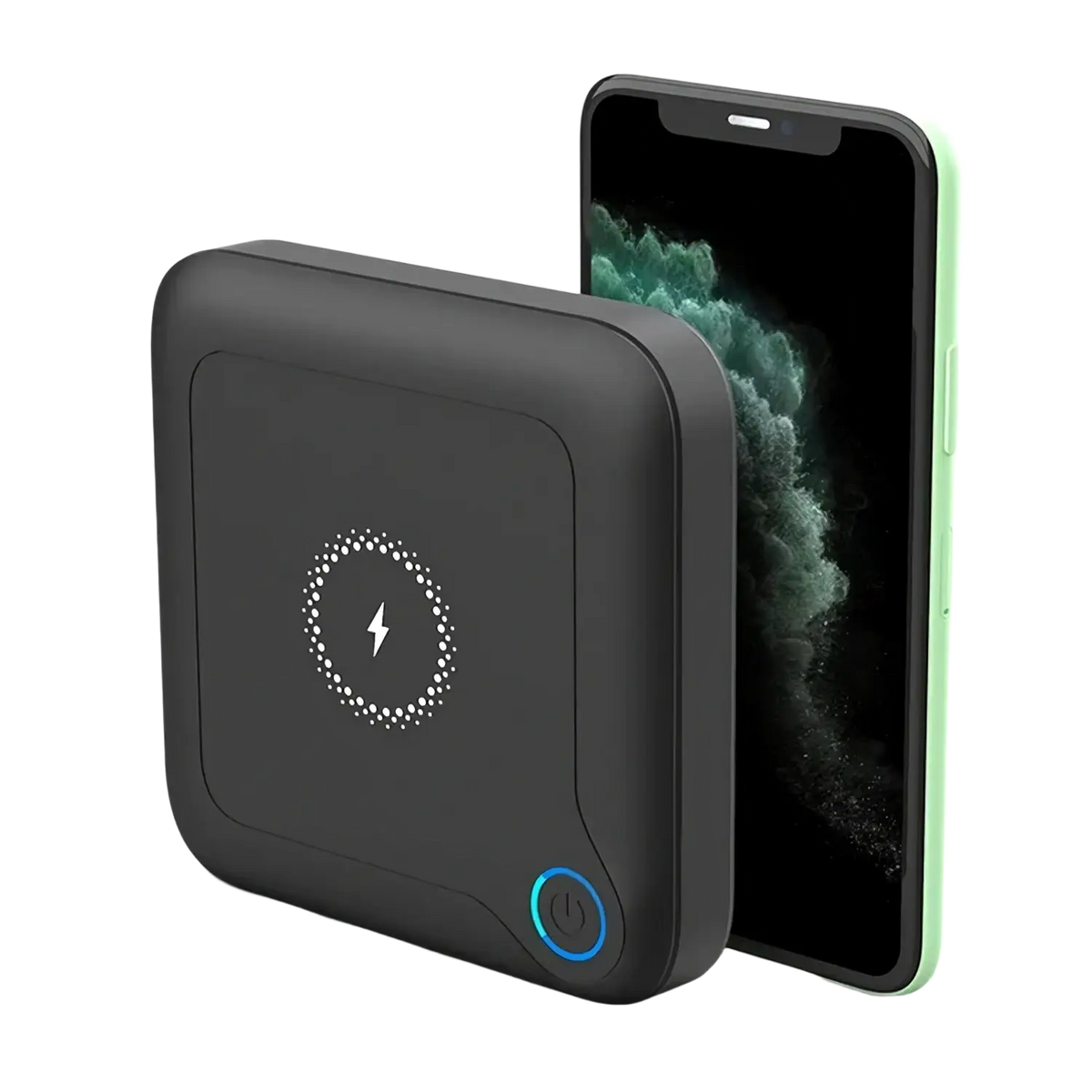 Black square wireless phone charger with circular lightning bolt icon and blue power button for 20000mah laptop power bank width 750px height