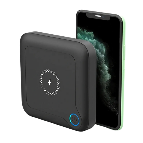 Black square wireless phone charger with circular lightning bolt icon and blue power button for 20000mah laptop power bank width 750px height