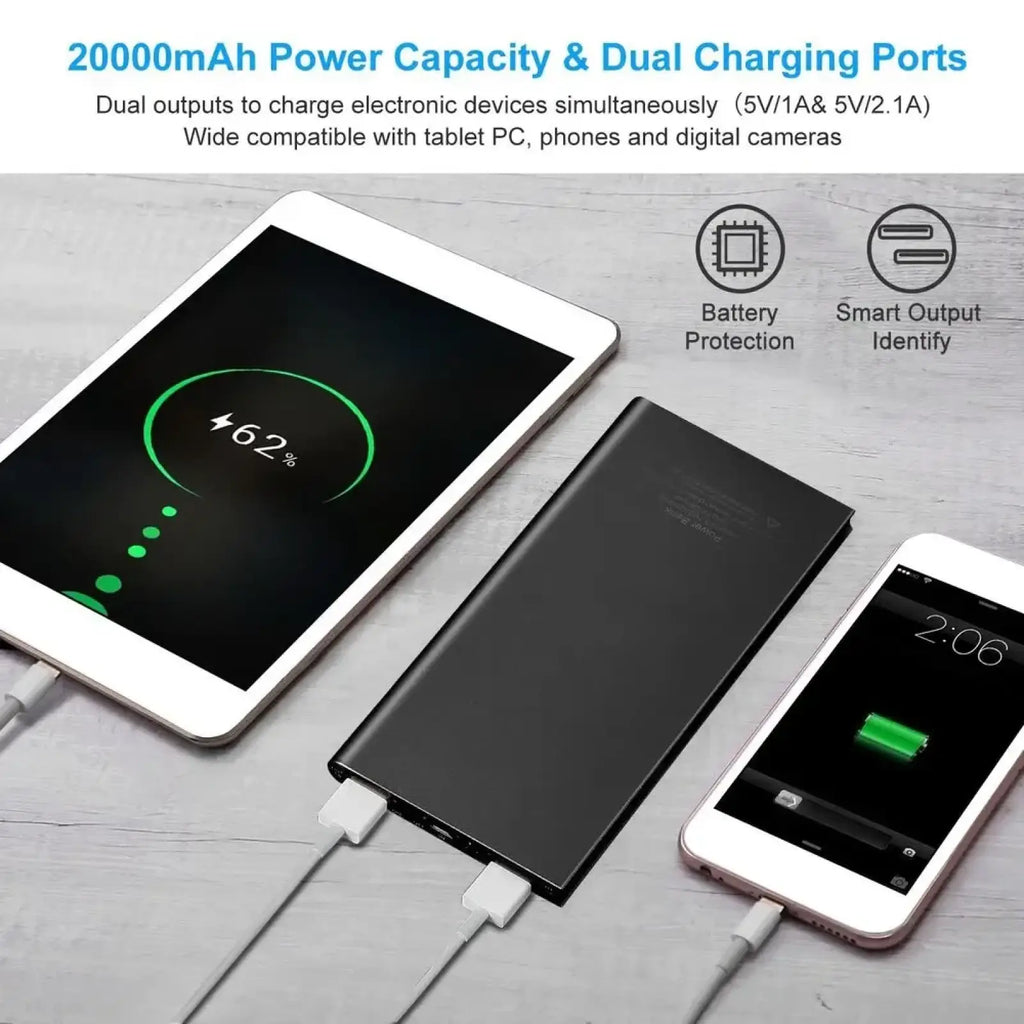 Black rectangular 20000mah portable power bank with dual charging ports for heated apparel use