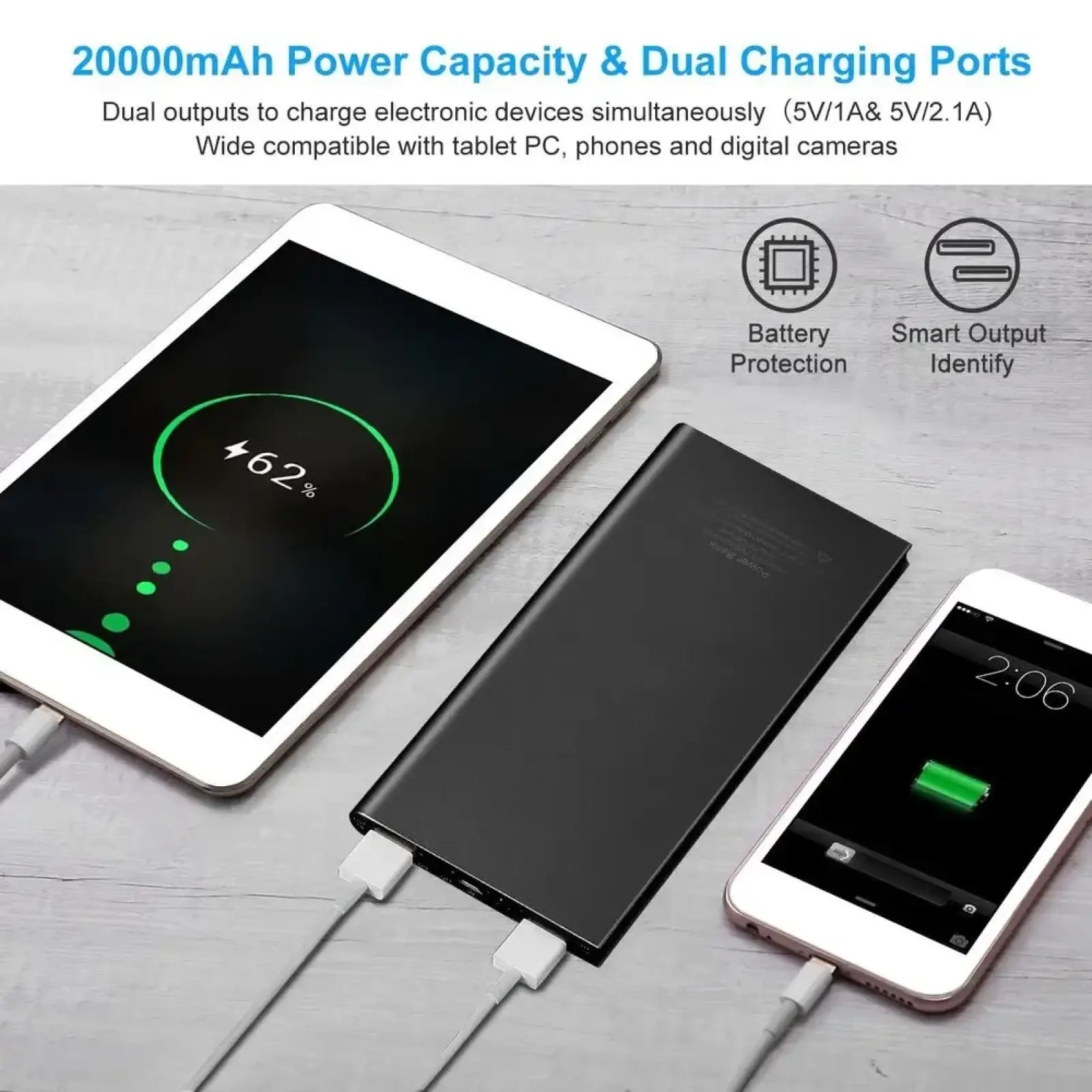 Black rectangular 20000mah portable power bank with dual charging ports for heated apparel use