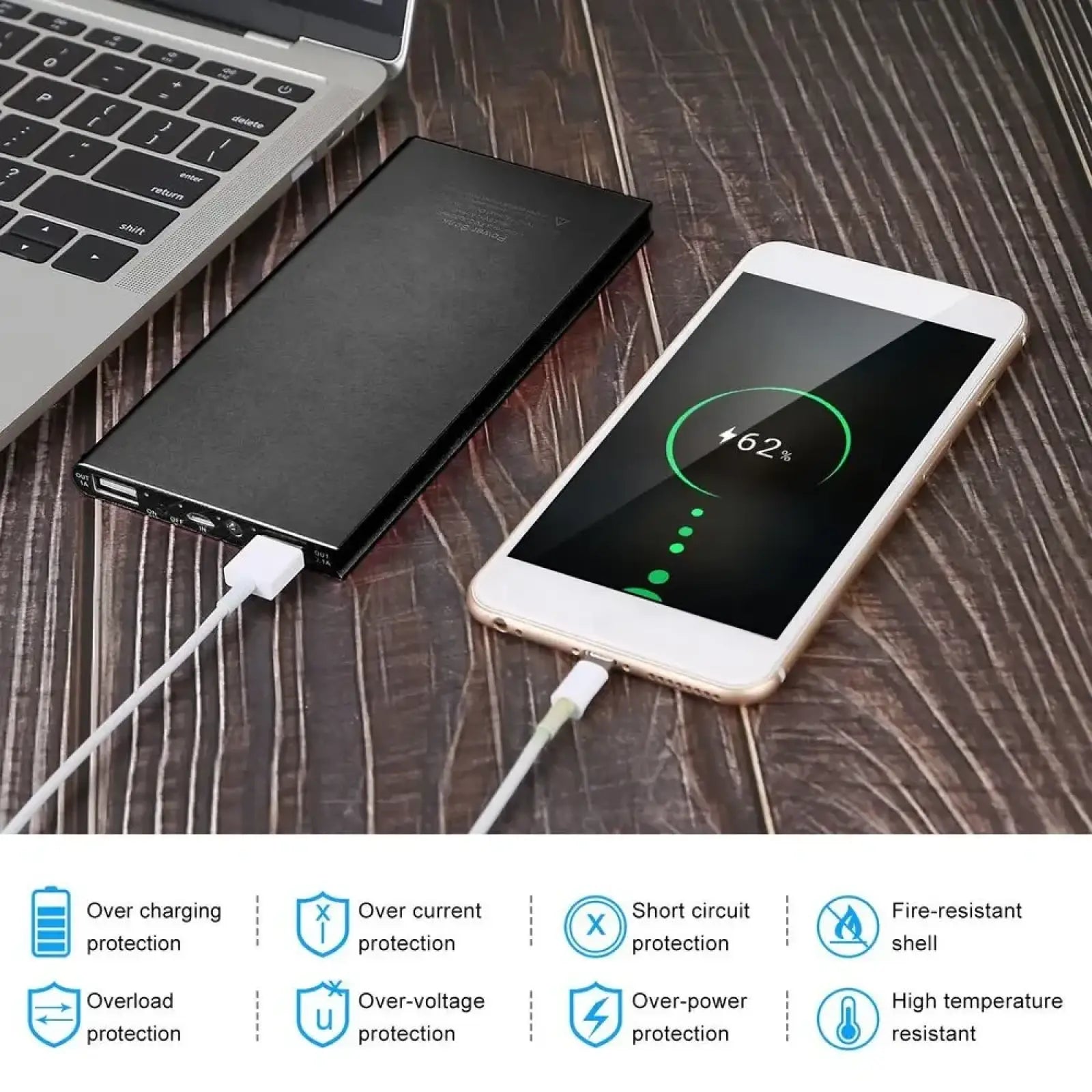 Black rectangular 20000mAh portable power bank with multiple usb ports and white charging cable for heated apparel