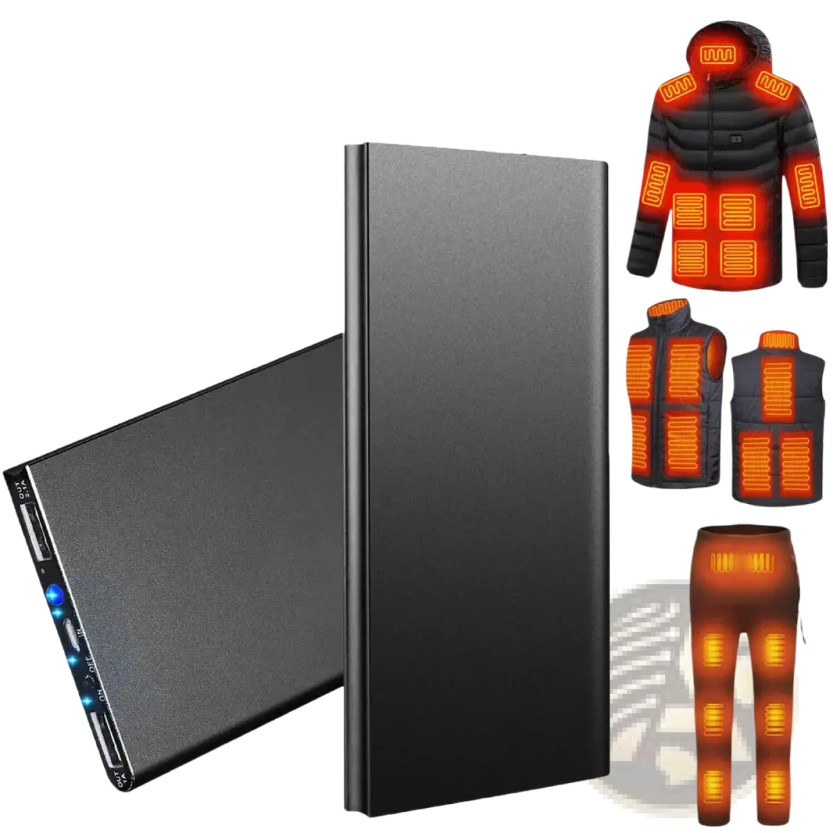 Black rectangular 20000mah portable power bank with usb ports and indicator lights for heated apparel use