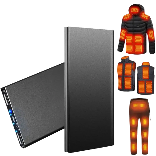 Black rectangular 20000mah portable power bank with usb ports and indicator lights for heated apparel use