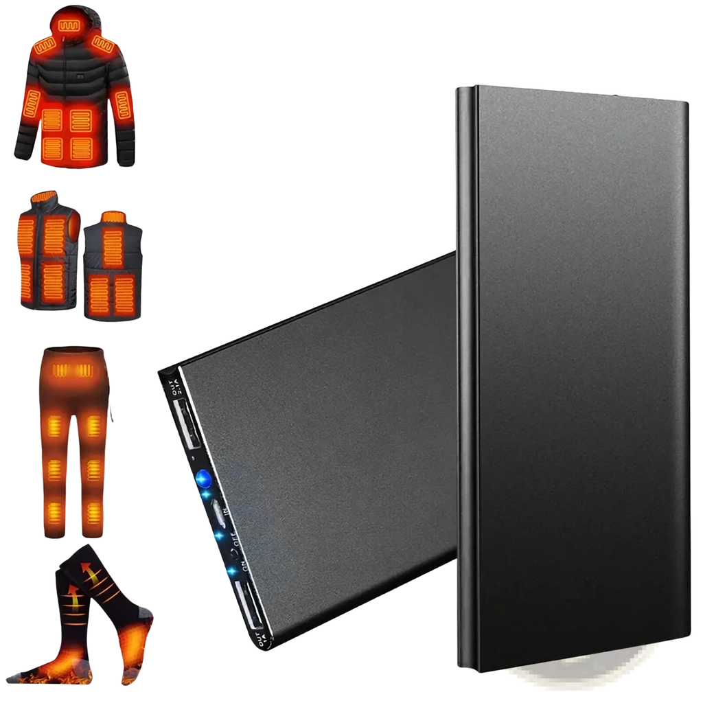 Black rectangular 20000mah portable power bank with multiple usb ports and indicator lights for heated apparel