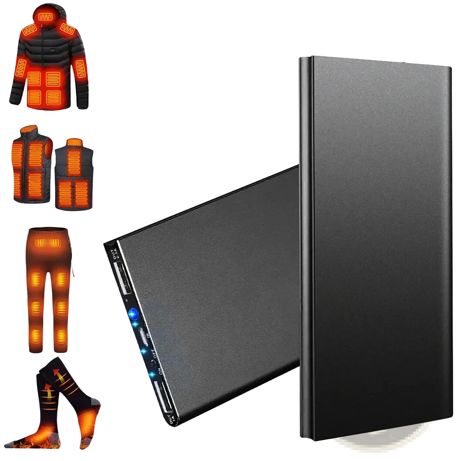 Black rectangular 20000mah portable power bank with multiple usb ports and indicator lights for heated apparel