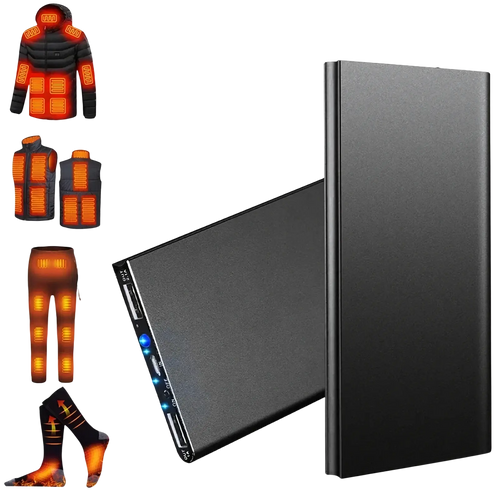 Black rectangular 20000mah portable power bank with multiple usb ports and indicator lights for heated apparel