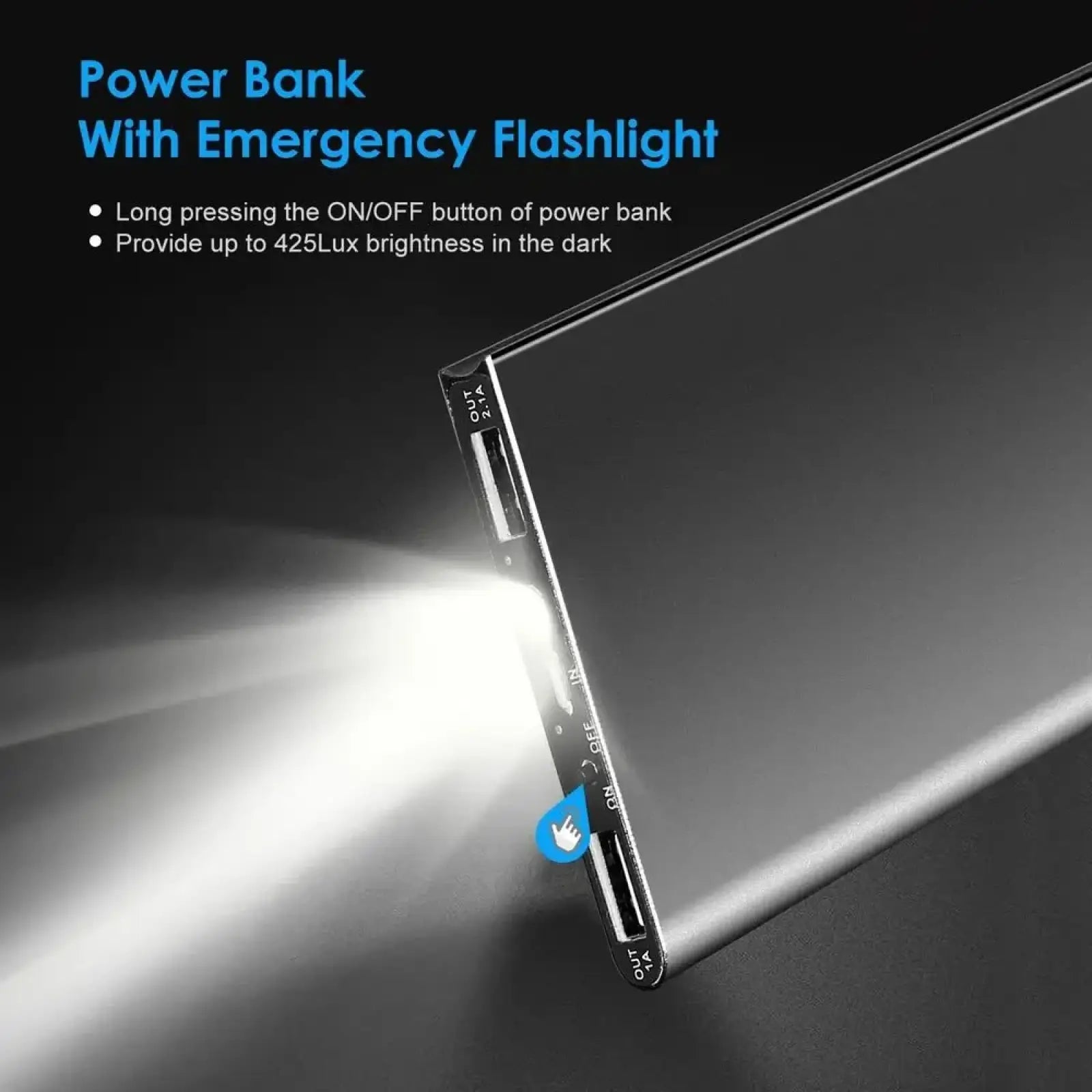 Black rectangular 20000mah portable power bank with integrated emergency flashlight emitting a bright white beam for heated apparel