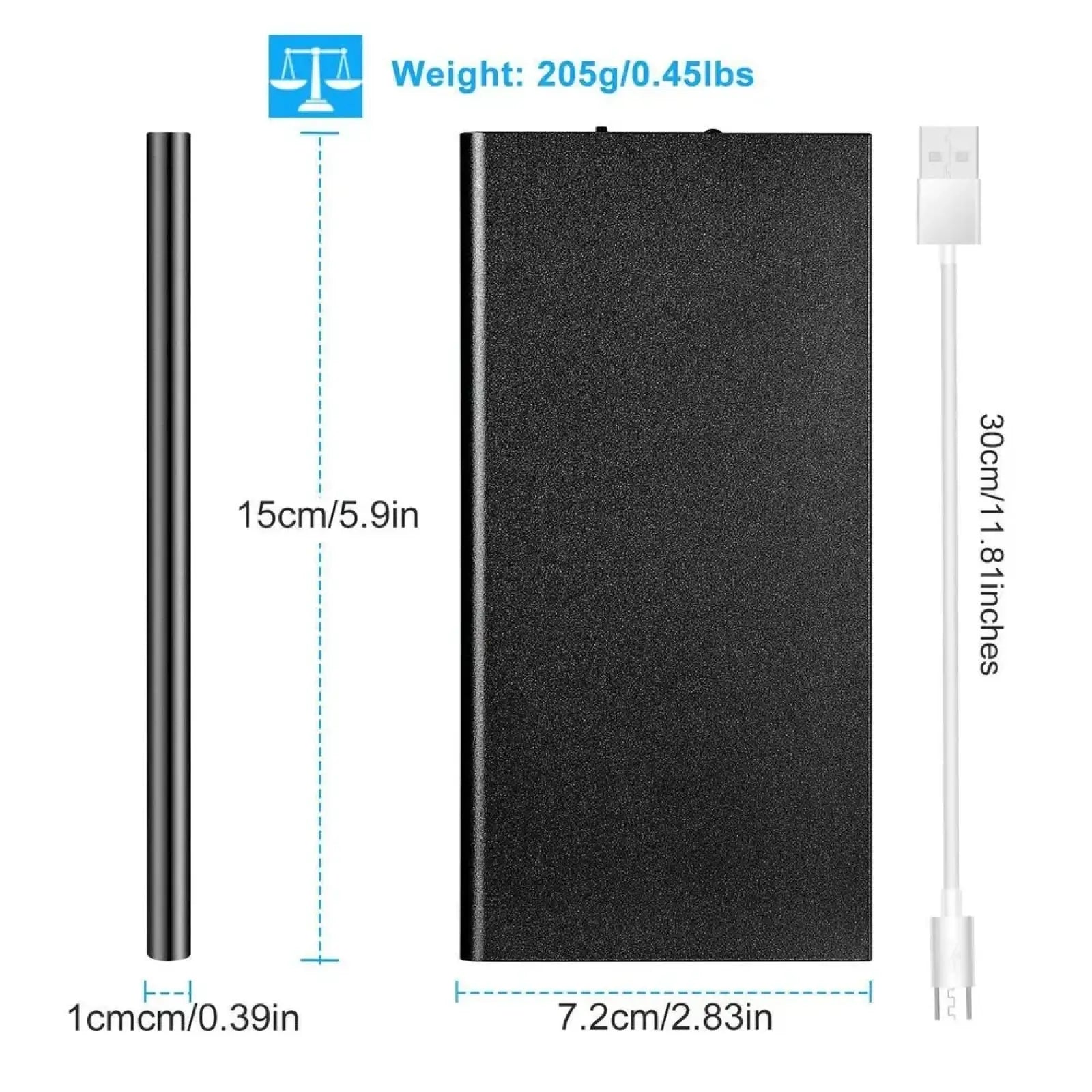 Black textured rectangular 20000mah portable power bank with white usb cable for heated apparel use