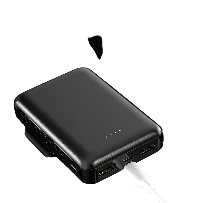Black rectangular textured power bank with dual usb ports for charging devices including air conditioning clothing