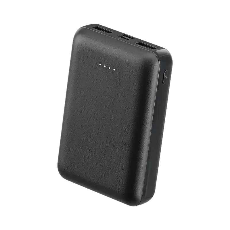 Black rectangular 20000mAh power bank with textured surface and multiple USB ports for charging devices and air conditioning clothing