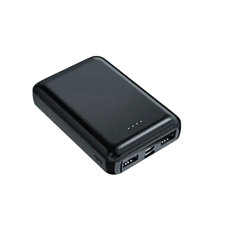 Black rectangular 20000mah power bank with two usb ports and led indicators for charging devices and air conditioning clothing
