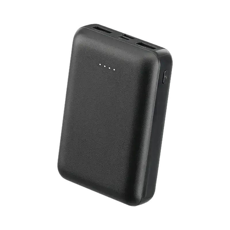 Black rectangular power bank with textured surface and multiple usb ports for heated vests and air conditioning clothing