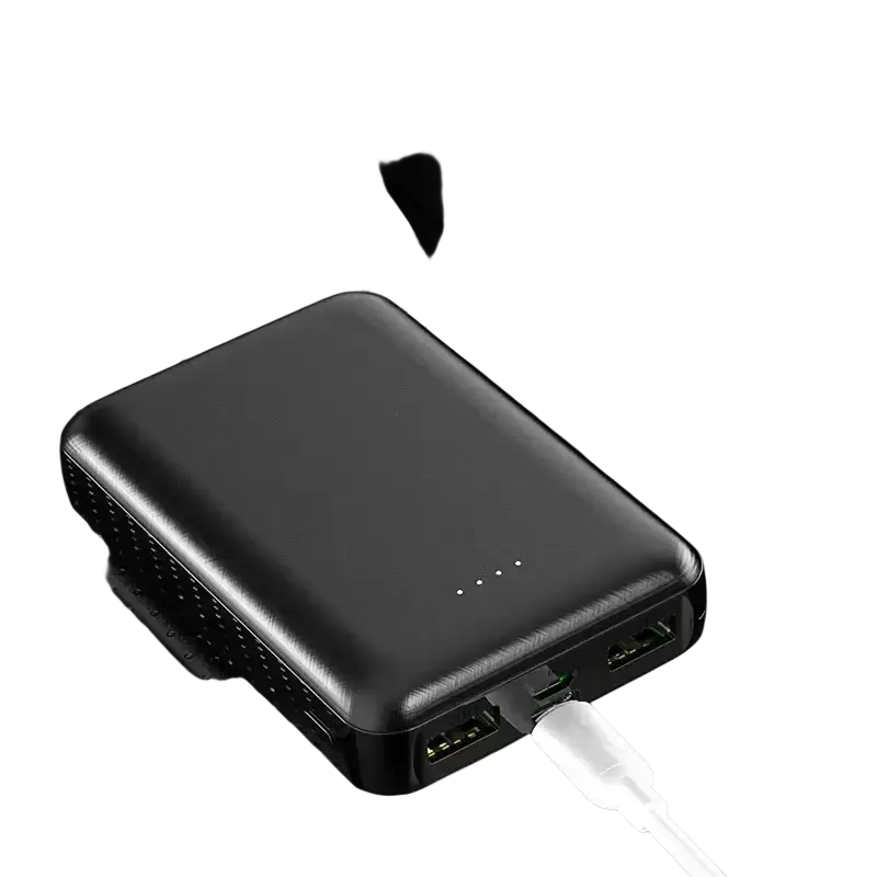 Black rectangular 20000mah power bank with matte finish and four led lights for heated vests and air conditioning clothing