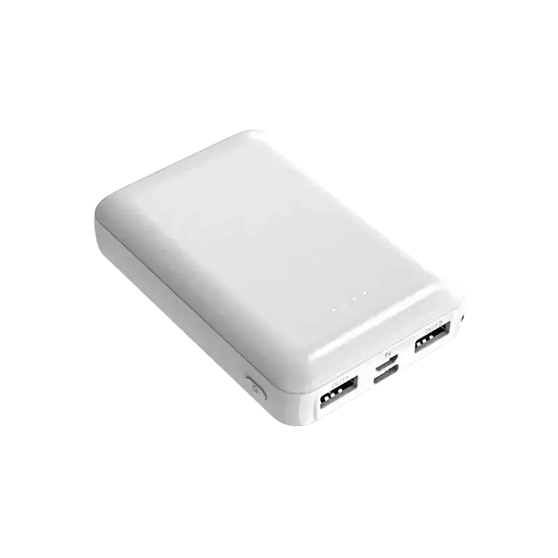 White rectangular 20000mah power bank with two usb ports and indicator light for heated vests and air conditioning clothing