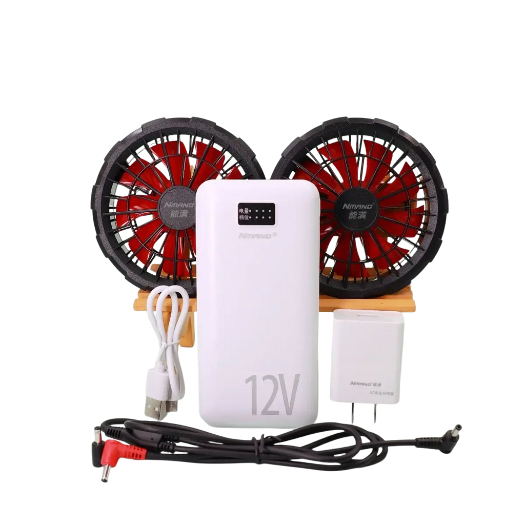 White 12v brushless fan kit with red and black fans includes power bank and charger for heating vest and cell phone use