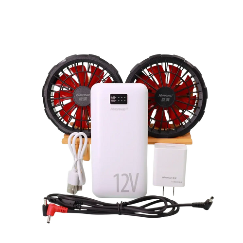White 12v brushless fan kit with red and black fans includes power bank and charger for heating vest and cell phone use