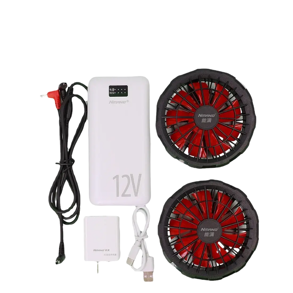White 12v portable power bank with black cables and red black fans for heating vest and cell phone use