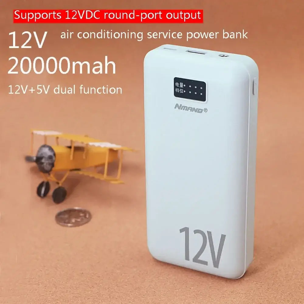 White rectangular 20000mAh nmand power bank with 12v output and display for heating vest and cell phone charging