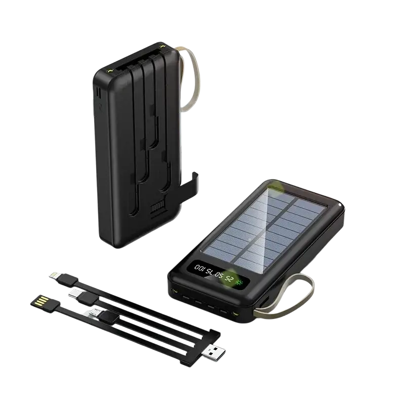 Black 20000mah solar power bank with digital display usb ports and integrated wrist strap for portable charging