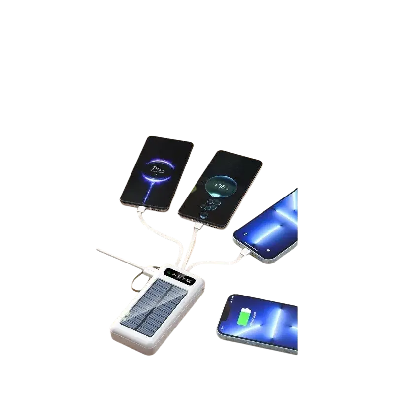 White 20000mah solar power bank with built-in cables multiple usb ports and digital display for portable charging