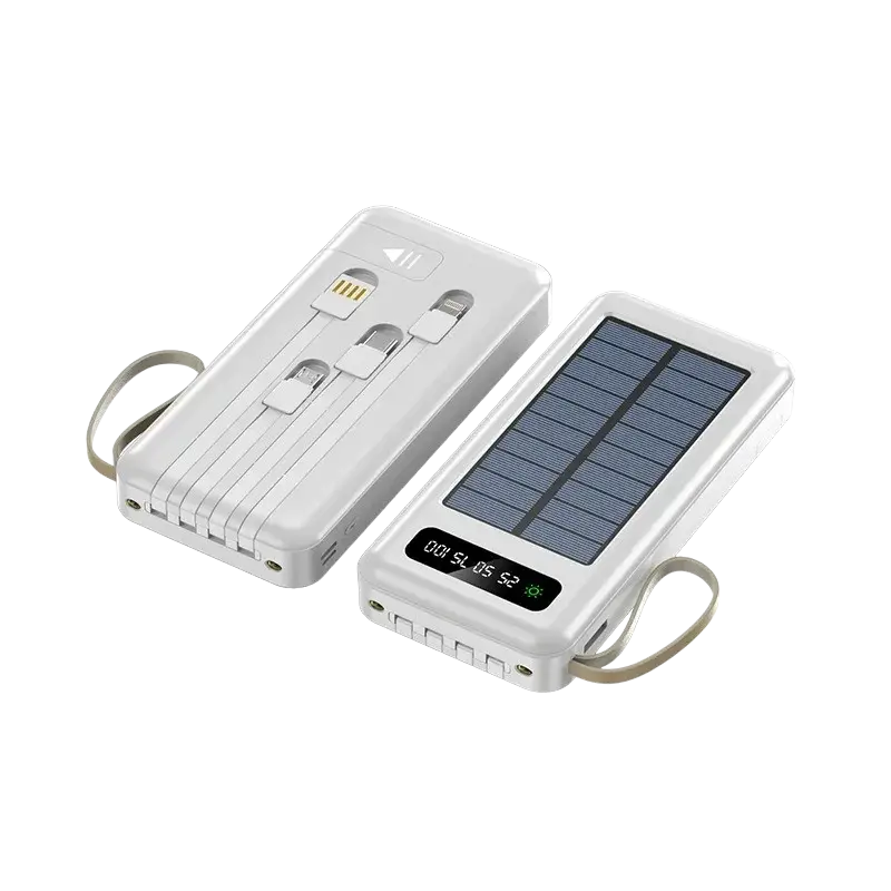 White 20000mah solar power bank with built-in cables multiple usb ports and digital display for portable charging