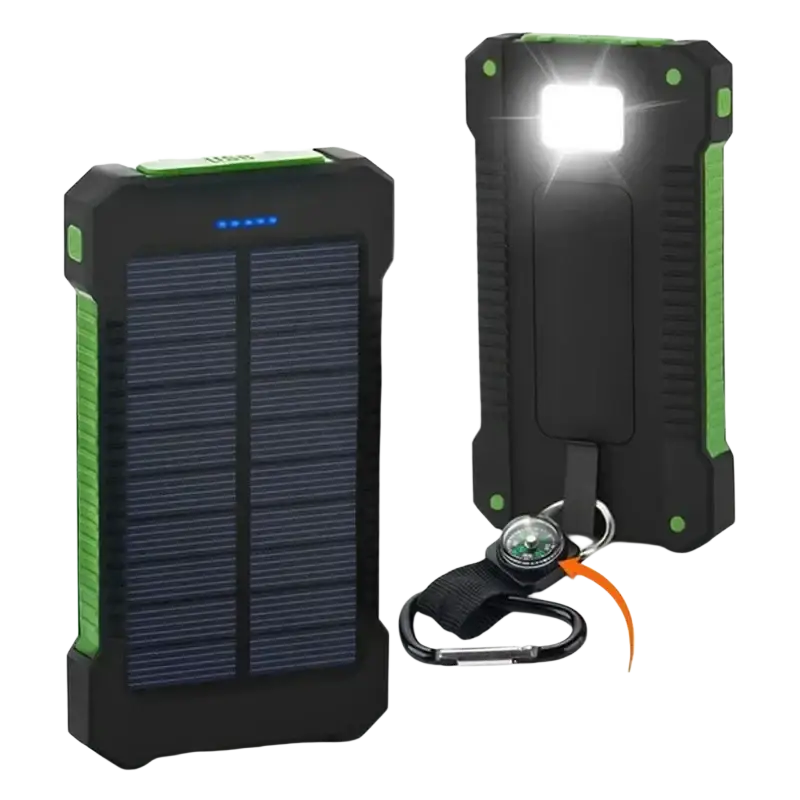 Black and green rugged 20000mah solar power bank with built-in led light dc5v dual usb and keychain attachment