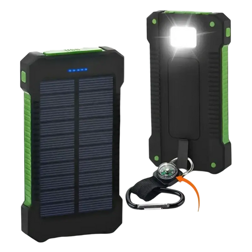Black and green rugged 20000mah solar power bank with built-in led light dc5v dual usb and keychain attachment