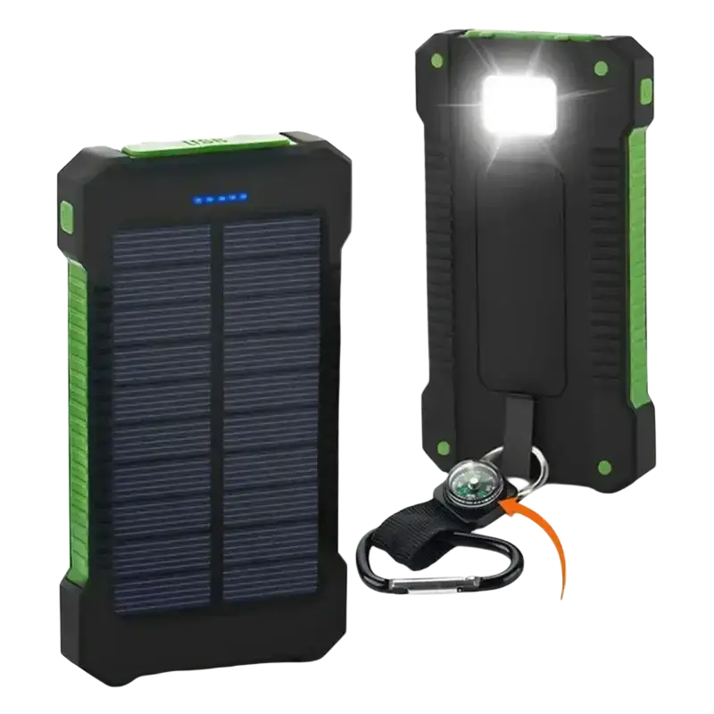Black and green rugged 20000mah solar power bank with dc5v dual usb ports LED light and keychain compass